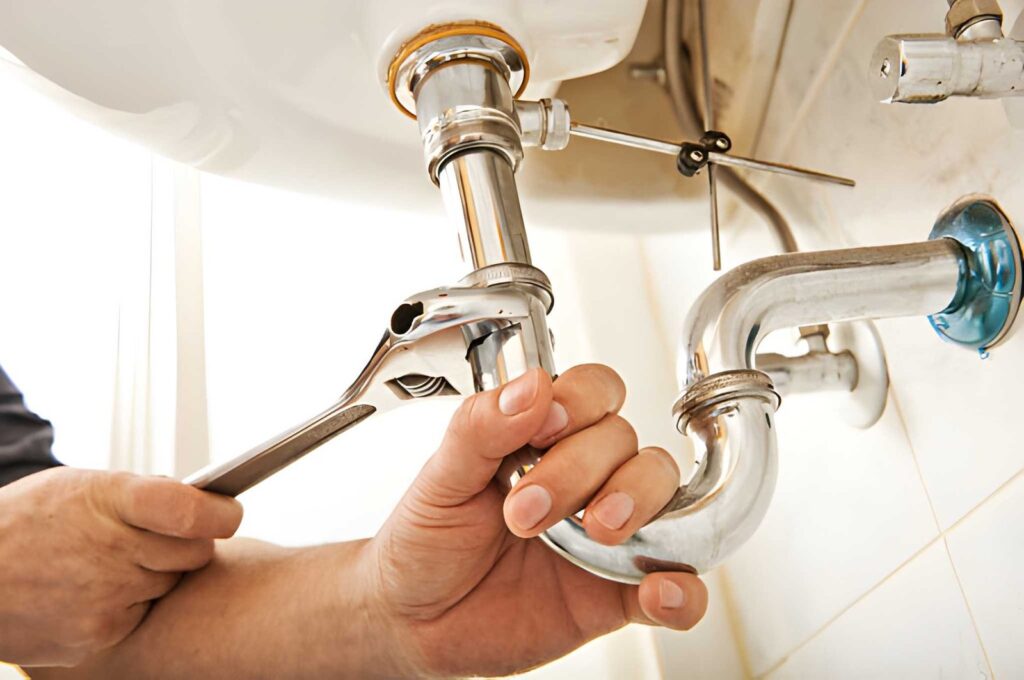 Professional plumbers fixing pipes and leaks
