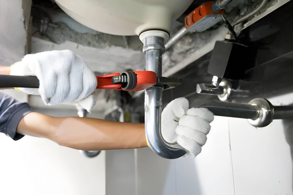 Expert plumbers fixing pipes and leaks